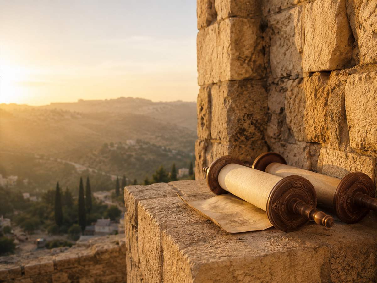 Open Torah scroll and Hebrew study materials in golden light