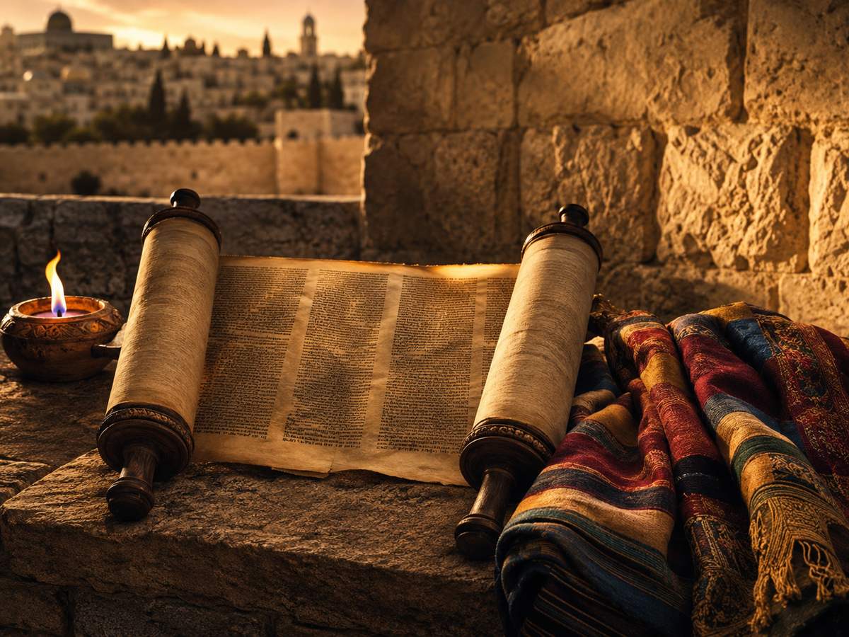 Open Torah scroll and Hebrew study materials in golden light