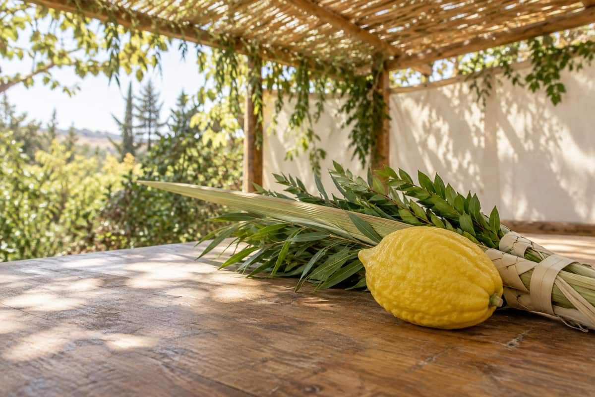 An etrog and bound lulav resting on a wooden table inside a sukkah