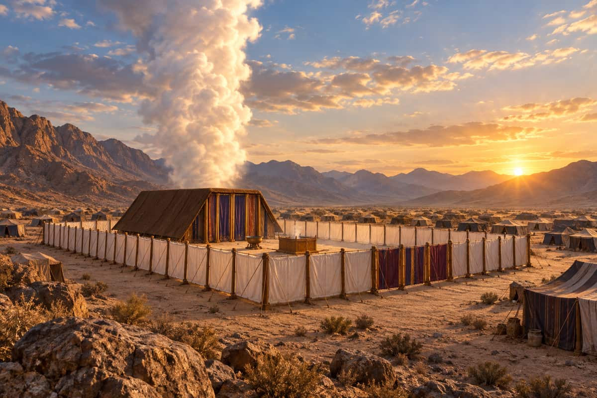 Artistic rendering of the wilderness tabernacle beneath a column of cloud