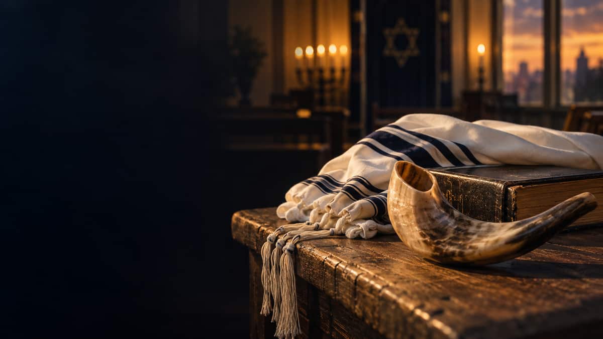 A tallit, prayer book, and shofar in warm synagogue light