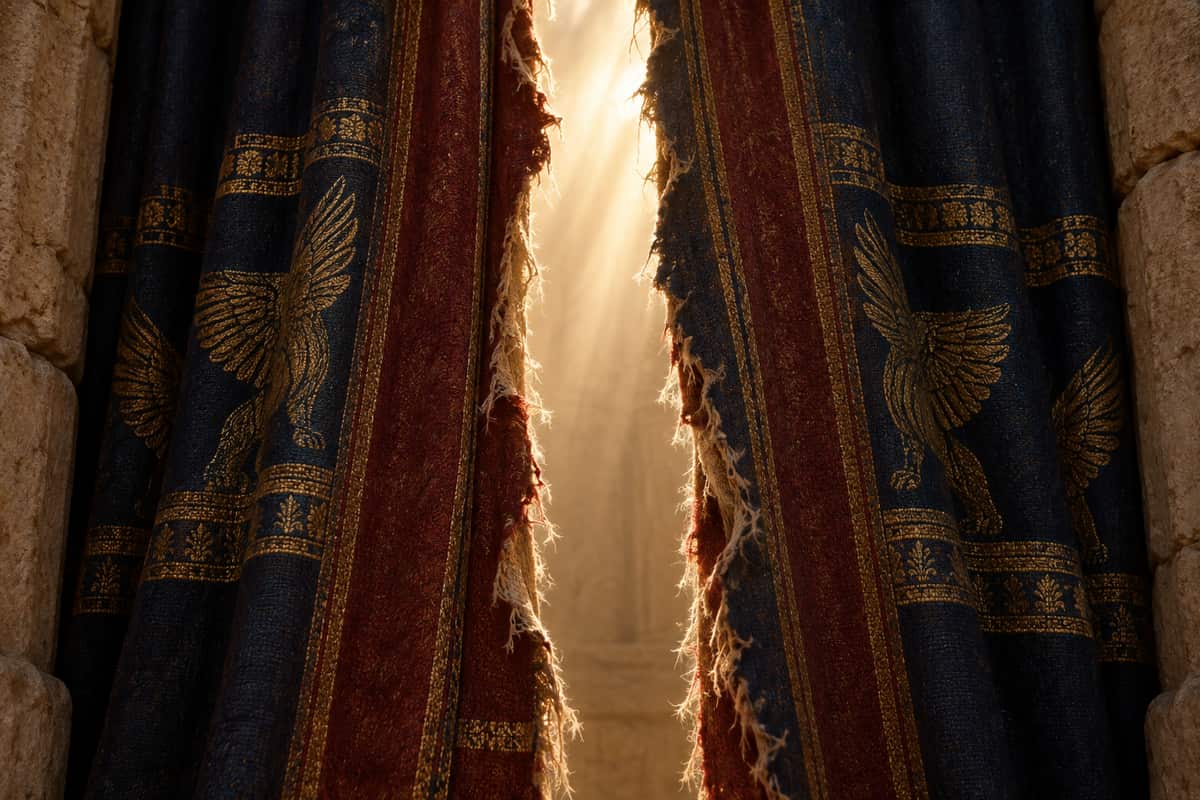 Artistic rendering of a torn sanctuary veil with light shining through