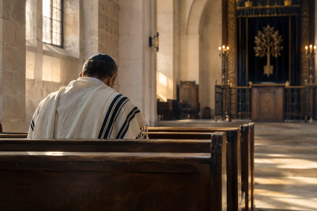 A man wearing a tallit sits in quiet reflection in a synagogue
