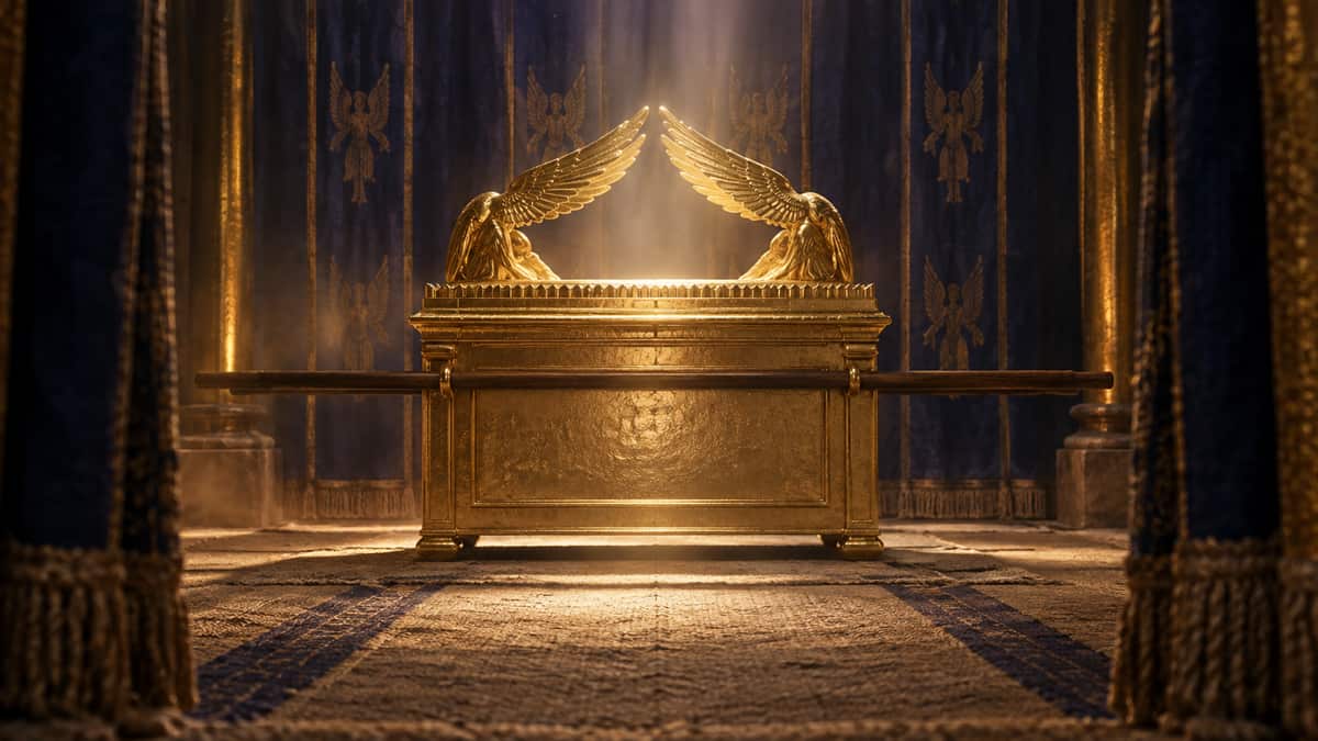 Artistic rendering of the Ark of the Covenant and mercy seat inside the Tabernacle